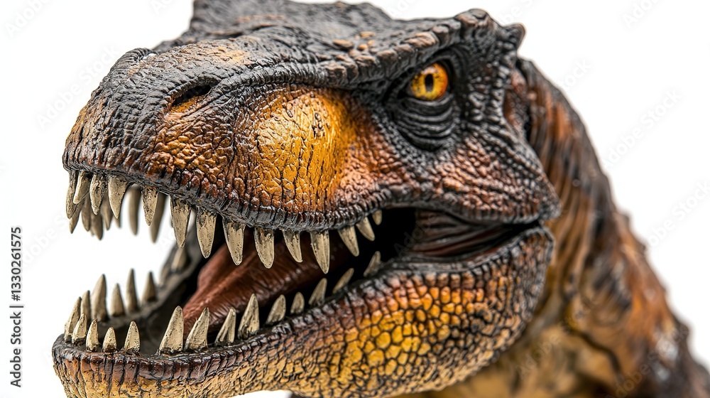 Closeup of a T-Rex figurine with sharp teeth and textured skin, isolated on white, showcasing primal power and intricate detail.
Closeup of a T-Rex figurine with sharp teeth and textured skin, isolated on white, showcasing primal power and intricate detail.