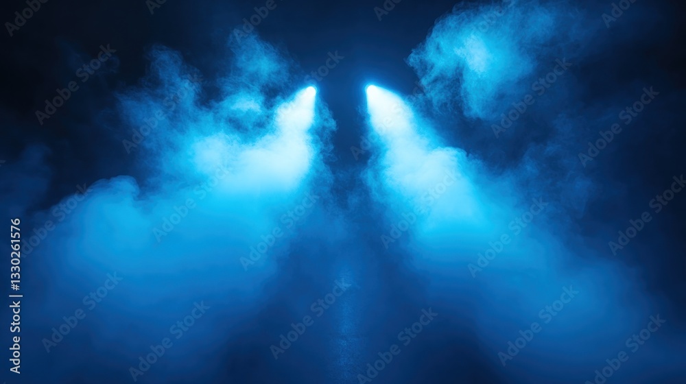 Blue beams shoot up through smoky atmosphere in this dark, abstract scene Blue beams shoot up through smoky atmosphere in this dark, abstract scene
