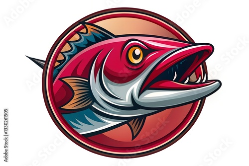 Crimson Barracuda Mascot Logo Icon in Circle – Bold and Fierce Design for Sports Teams or Brand Identity.