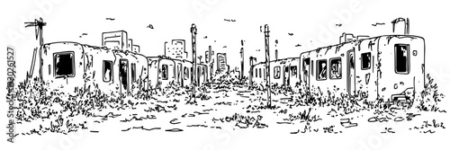 abandoned buildings in a ruined cityscape destroyed by war, doodle vector black sketch