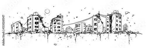 destroyed city buildings hand drawn doodle black vector sketch