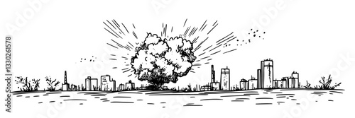 city explosion with smoke hand drawn doodle black vector sketch