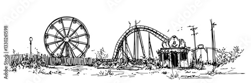 abandoned ruined post-apocalyptic amusement park hand drawn doodle black vector sketch