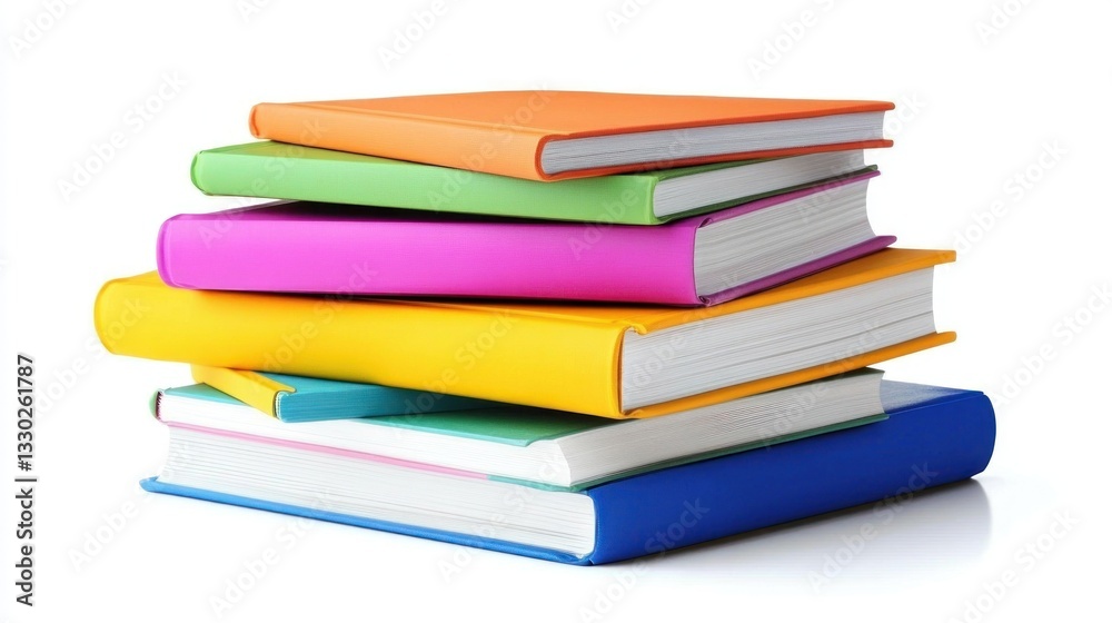 Stack of vibrantly colored, hardcover books piled against a clean, white backdrop Stack of vibrantly colored, hardcover books piled against a clean, white backdrop