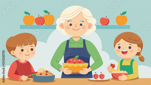 A proud smile on her face grandma shows her grandchildren how to carefully measure out ingredients for her famous apple pie.. Vector illustration