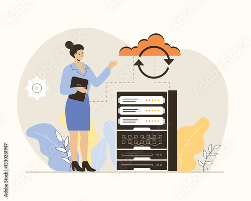Cloud synchronization. Cloud storage. Digital file organization service or app with data transferring. Flat vector illustration.