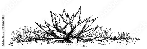 agave plant in desert hand drawn doodle black vector sketch