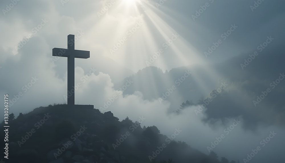 cross on the hill A serene, misty morning scene with a large, solitary cross standing on a hilltop, surrounded by fog, with rays of light piercing through, symbolizing hope amidst darkness good friday cross on the hill A serene, misty morning scene with a large, solitary cross standing on a hilltop, surrounded by fog, with rays of light piercing through, symbolizing hope amidst darkness good friday