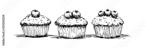 three cupcakes with berries hand drawn doodle black vector sketch