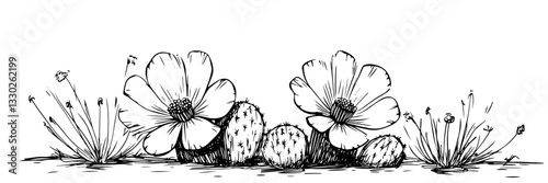 blooming cactus flowers hand drawn doodle black vector sketch