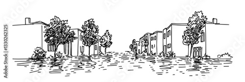 suburban residential street hand drawn doodle black vector sketch