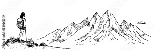 hiker looking at mountains hand drawn doodle black vector sketch