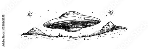 ufo flying over landscape hand drawn doodle black vector sketch