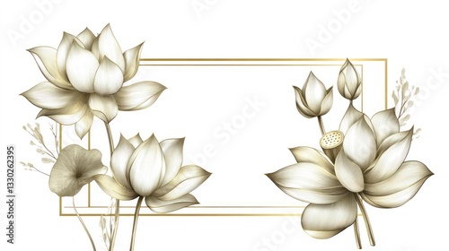 Golden floral frame with lotus flowers and buds against a white backdrop