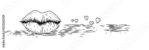lips blowing hearts hand drawn doodle black vector sketch