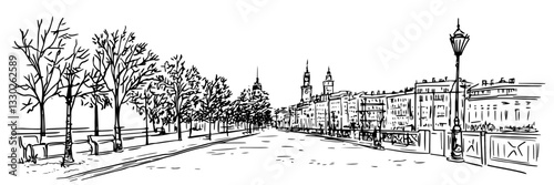 european city promenade hand drawn doodle black vector sketch