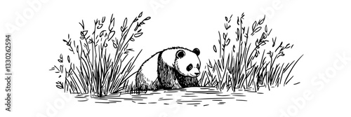panda in grass hand drawn doodle black vector sketch