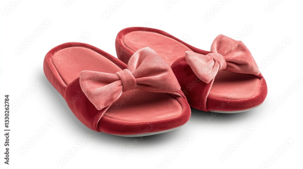 Plush red slippers with velvet bow accents Plush red slippers with velvet bow accents
