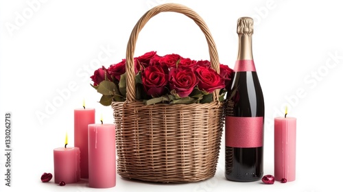 Romantic arrangement roses in basket, candles, bottle