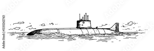 military submarine on water hand drawn doodle black vector sketch