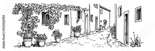 mediterranean village street hand drawn doodle black vector sketch