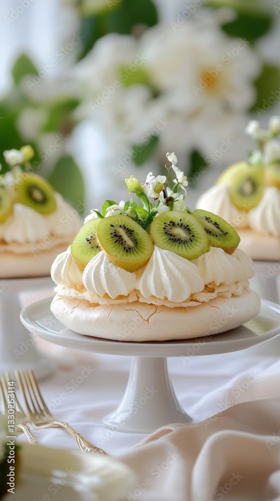 Elegant New Zealand pavlova topped with whipped cream, kiwi slices, and passionfruit on a soft pastel table setting Elegant New Zealand pavlova topped with whipped cream, kiwi slices, and passionfruit on a soft pastel table setting