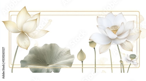 Floral frame with white & gold lotus flowers, buds and leaf illustration