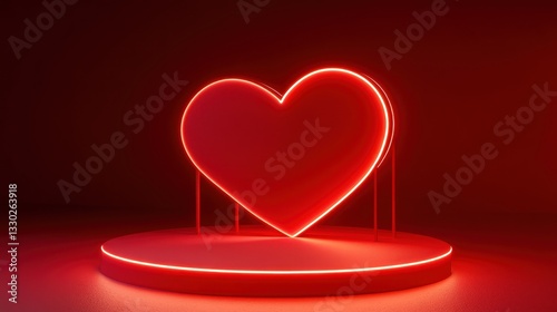 Glowing neon heart on a circular stage, red ambiance