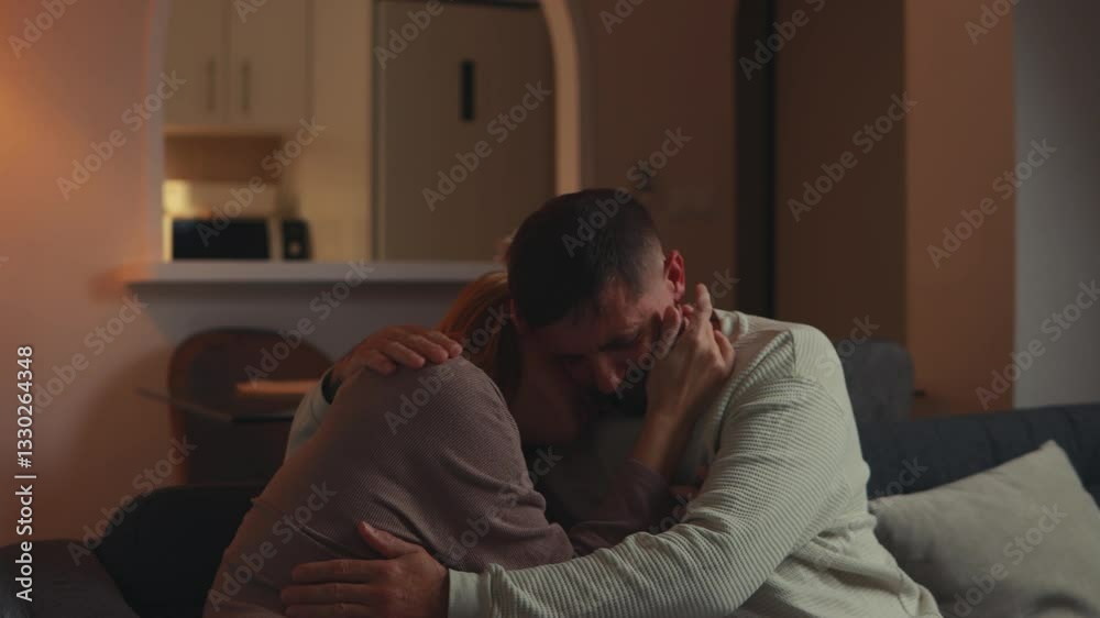 Heartbroken couple holding each other tightly, sharing silent comfort amid soft shadows of living room, grief overwhelming their connection Heartbroken couple holding each other tightly, sharing silent comfort amid soft shadows of living room, grief overwhelming their connection
