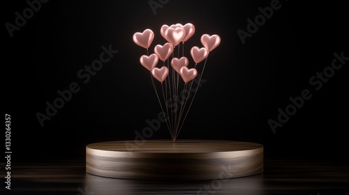Hearts on stage. Metallic pink balloons on circular, wooden base against a dark background