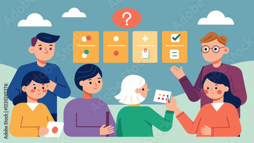 A game of Remember When where participants have to recall past events using clues and cues provided by the facilitator.. Vector illustration