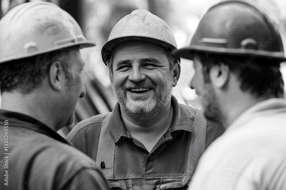Three male workers share smiles while discussing their day at the construction site. Three male workers share smiles while discussing their day at the construction site.