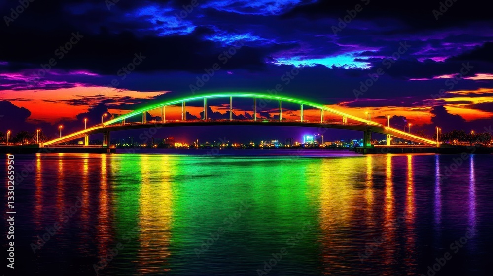 Naklejka premium Spectacular illuminated bridge at twilight mirrored in the tranquil river water