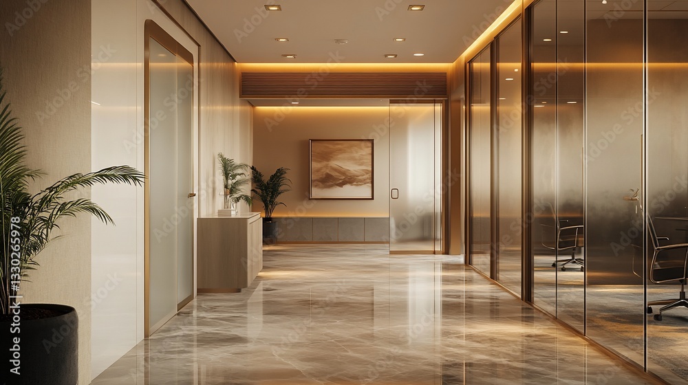 Modern office hallway with elegant design. A spacious corridor features marble flooring, warm tones, and glass partitions. Modern office hallway with elegant design. A spacious corridor features marble flooring, warm tones, and glass partitions.