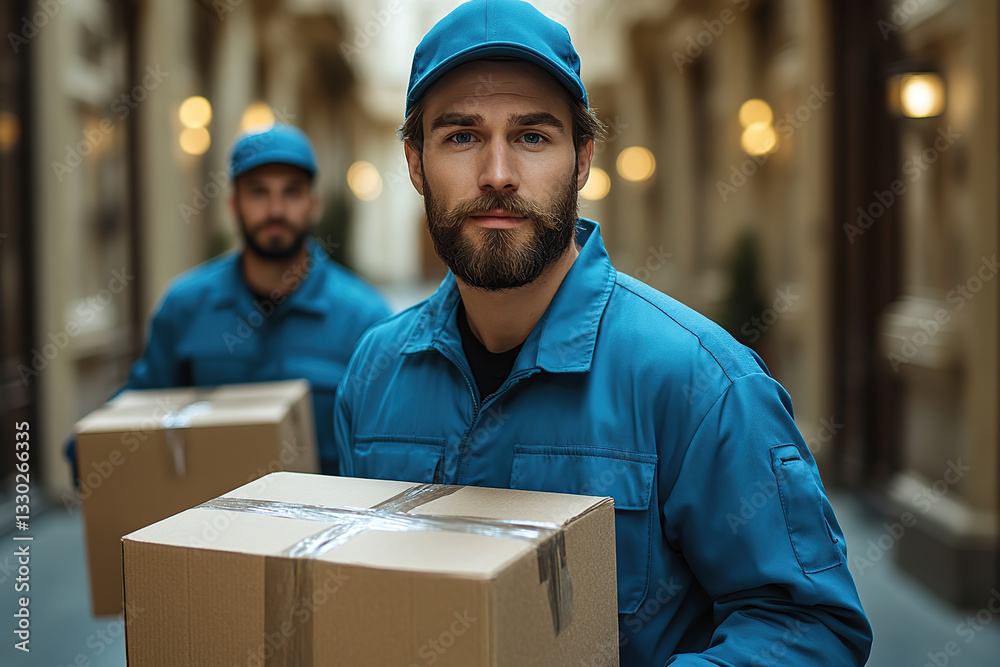Movers in blue uniforms transporting boxes through a narrow urban alleyway during the day Movers in blue uniforms transporting boxes through a narrow urban alleyway during the day