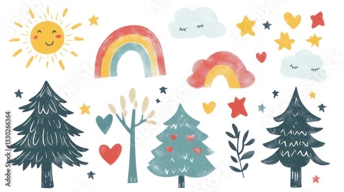 Cute, hand-drawn collection of seasonal elements, including sun, rainbow, clouds, stars, trees, and hearts.  Perfect for kids' room decor or stationery