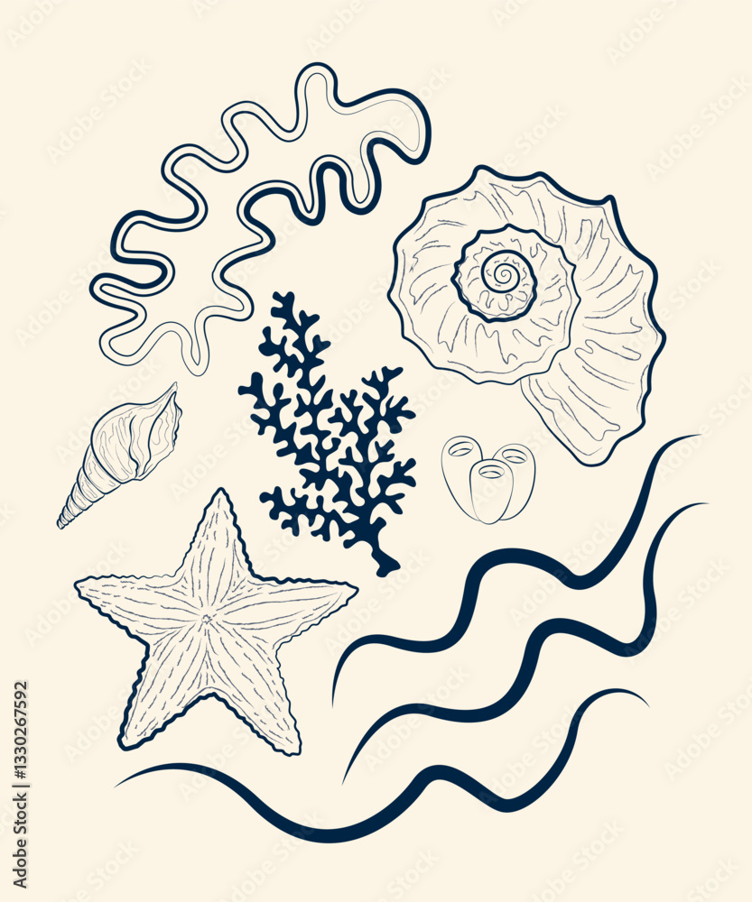 Fototapeta premium A postcard with a nautical theme. Various shells and corals on a beige background. Vector design