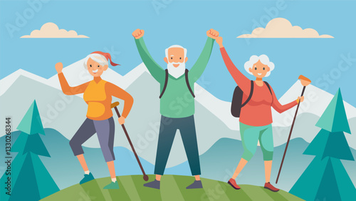 A group of seniors triumphantly reaching the peak of a challenging hiking trail their walking sticks and worn hiking boots a testament to their determination and perseverance.. Vector illustration