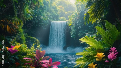 Lush waterfall cascading through a vibrant tropical rainforest