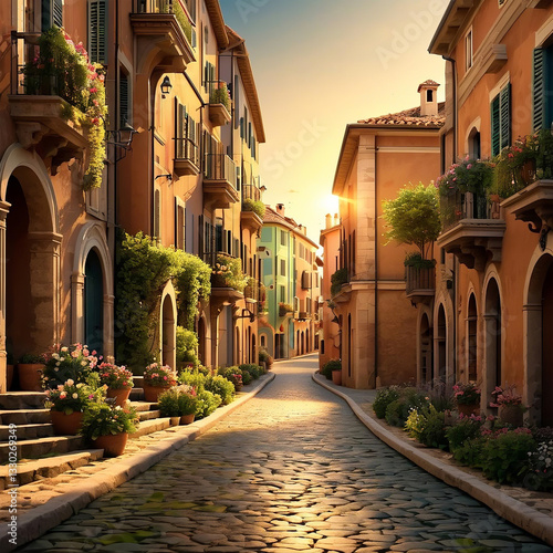 sunrise over the mountains, Beautiful landscape illustration, An enchanting village with cobblestone-paved streets. Quaint town, cobblestone pathways, old-world charm.