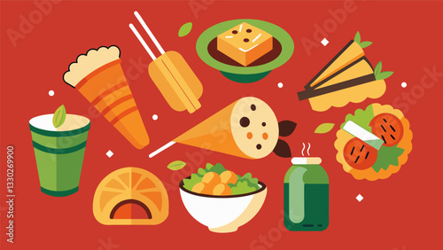 The fusion of Latin and Asian cuisines is evident in dishes like Koreanstyle empanadas and chipotle shrimp sushi rolls.. Vector illustration