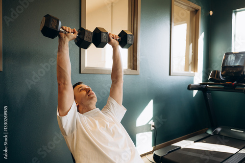 In a spacious gym, a man takes a position on a bench press. He grips the dumbbells tightly in his hands, tensing the muscles in his shoulders and arms.