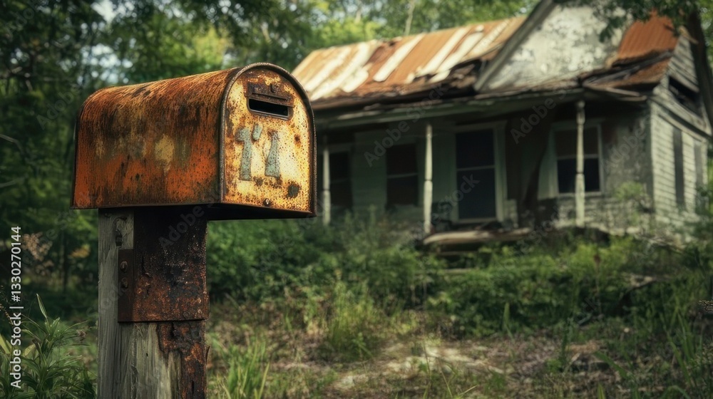 Rusty mailbox in front of dilapidated house Rusty mailbox in front of dilapidated house