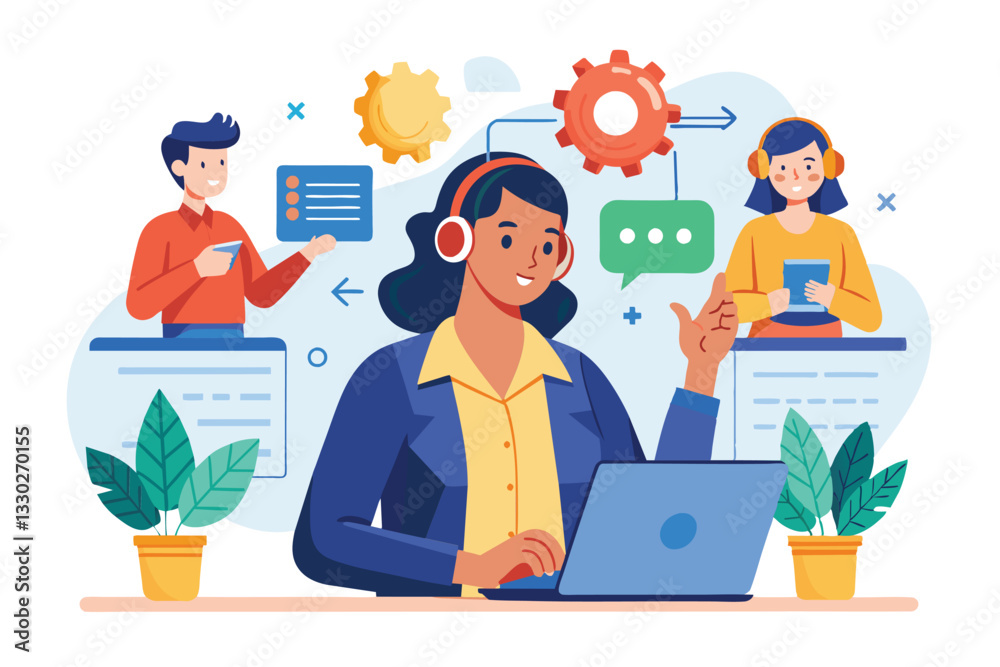 The woman is demonstrating effective customer service techniques while engaging with colleagues, the woman is explaining how customer service works and management The woman is demonstrating effective customer service techniques while engaging with colleagues, the woman is explaining how customer service works and management
