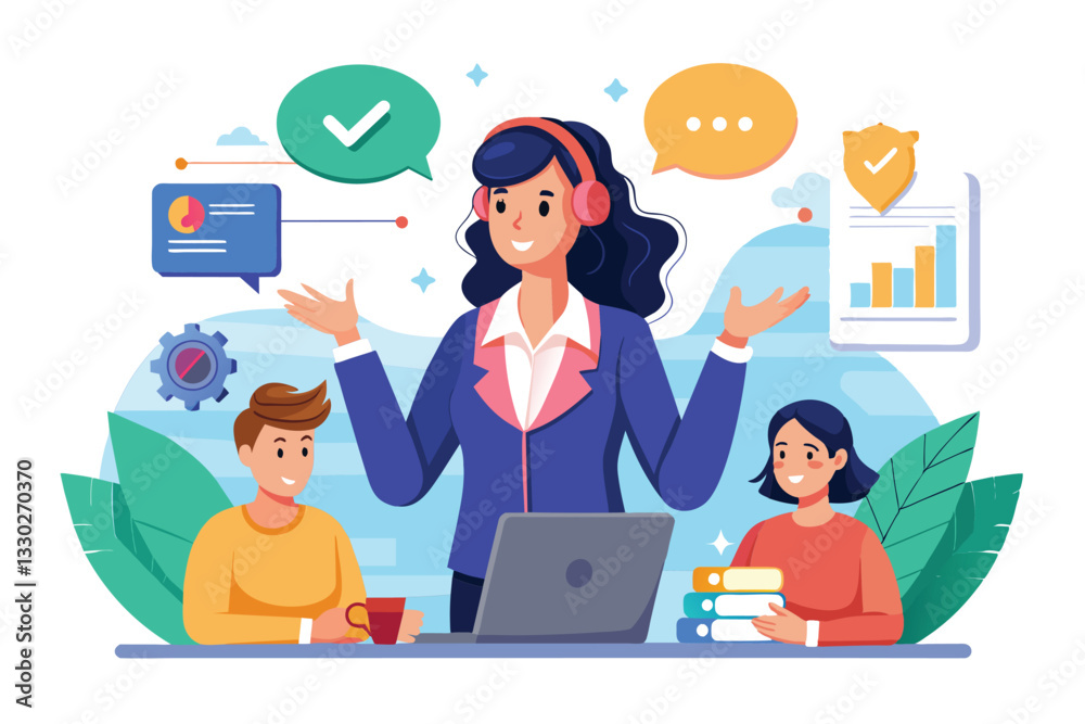 A woman teaches customer service strategies to two engaged individuals in a bright office environment, the woman is explaining how customer service works and management A woman teaches customer service strategies to two engaged individuals in a bright office environment, the woman is explaining how customer service works and management