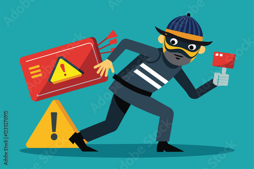 A thief escapes with a stolen bank card, while a danger sign warns of potential risk involved, Thief with danger sign and bank card trending