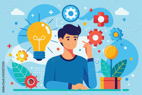 A person contemplates solutions surrounded by gears, a lightbulb, and colorful plants in a vibrant setting, Thinking and Problem solving concept,