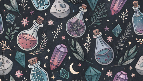 Colorful mystical elements like crystals and potions on dark background