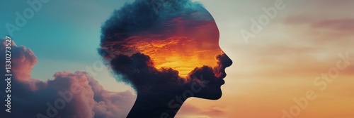 A person's head is shown in a painting of clouds