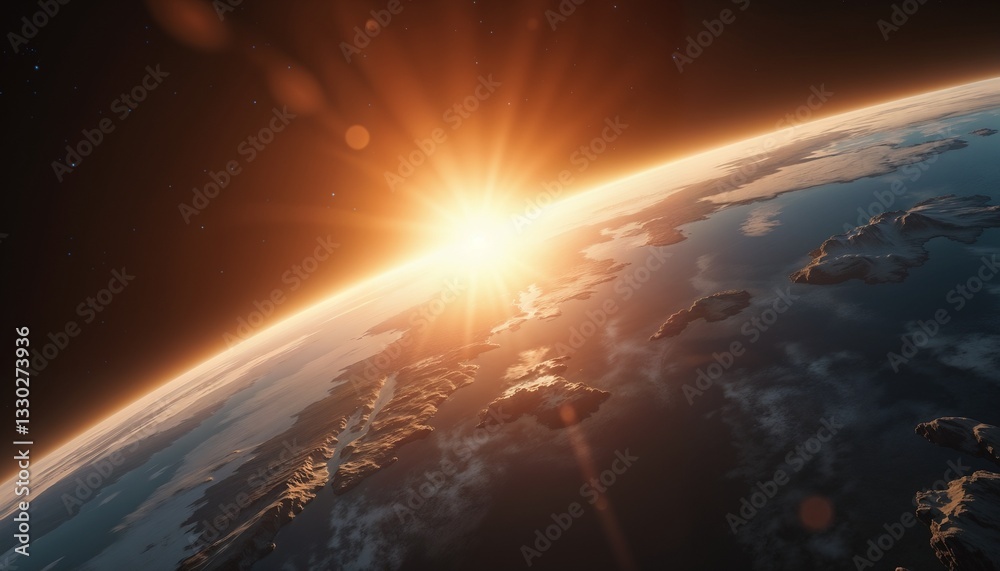 Stunning sunrise from space with sun rays illuminating Earth's surface and clouds